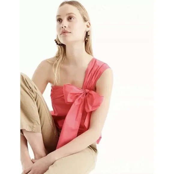 J. Crew Coral Poplin One-Shoulder Bow Top Size M/8 - Picture 3 of 9